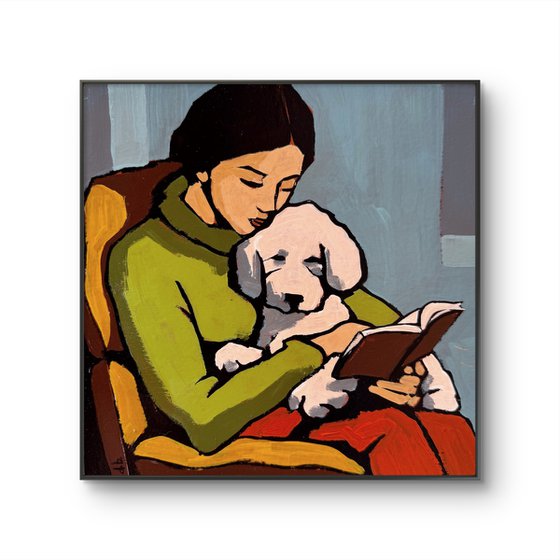 Woman Reading to Dog - Original Art 8x8 inch