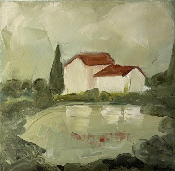 Toscana hills white houses with lake.