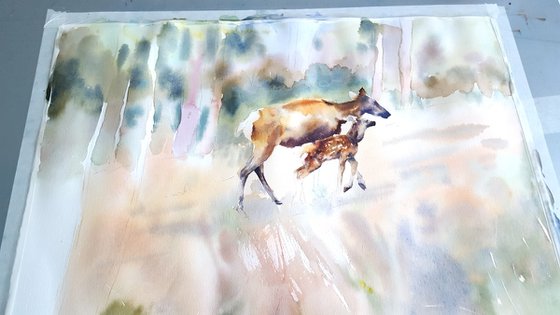 Deer in the forest, Watercolor animals painting