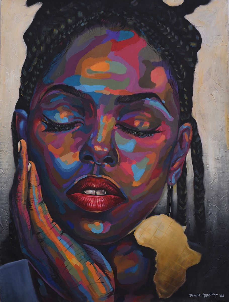 Expressive Portrait Acrylic Painting By Damola Ayegbayo, 36 X 48, State Of Mind 12, Original Artwork