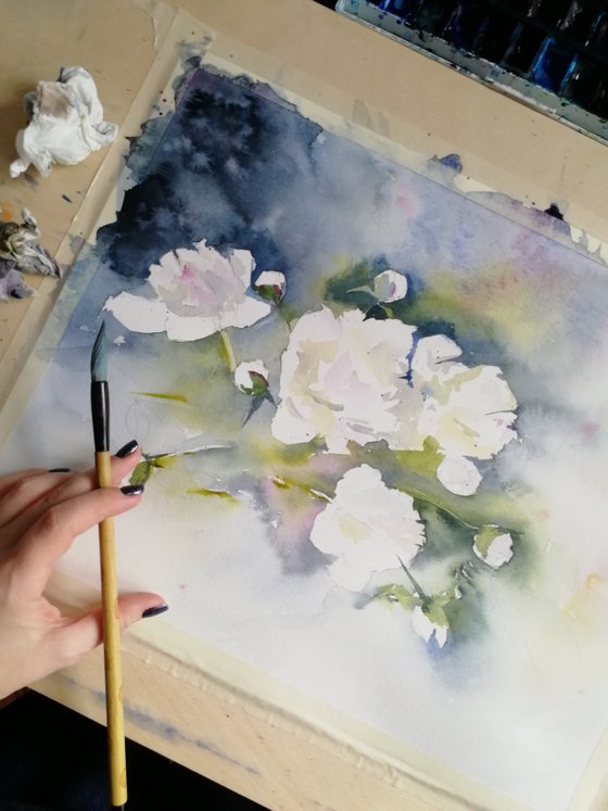 White peony flowers painting