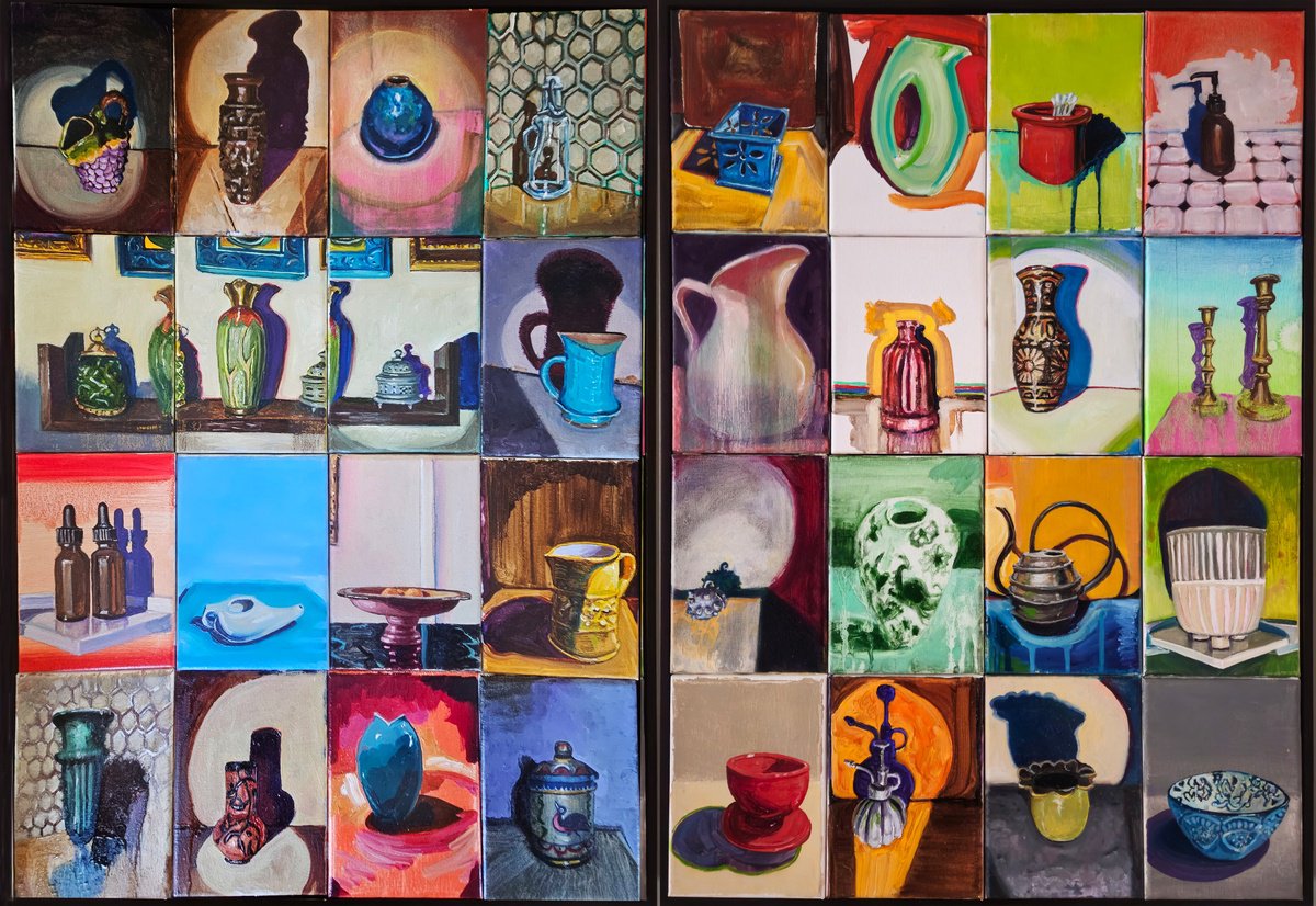 Impressionistic Still Life Oil Painting By Shelton Walsmith, 44 X 32", Menagerie Diptych, Original Artwork