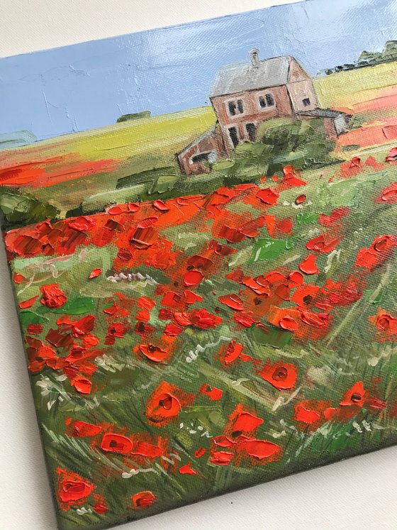Poppy field landscape painting oil impasto art 25x25cm