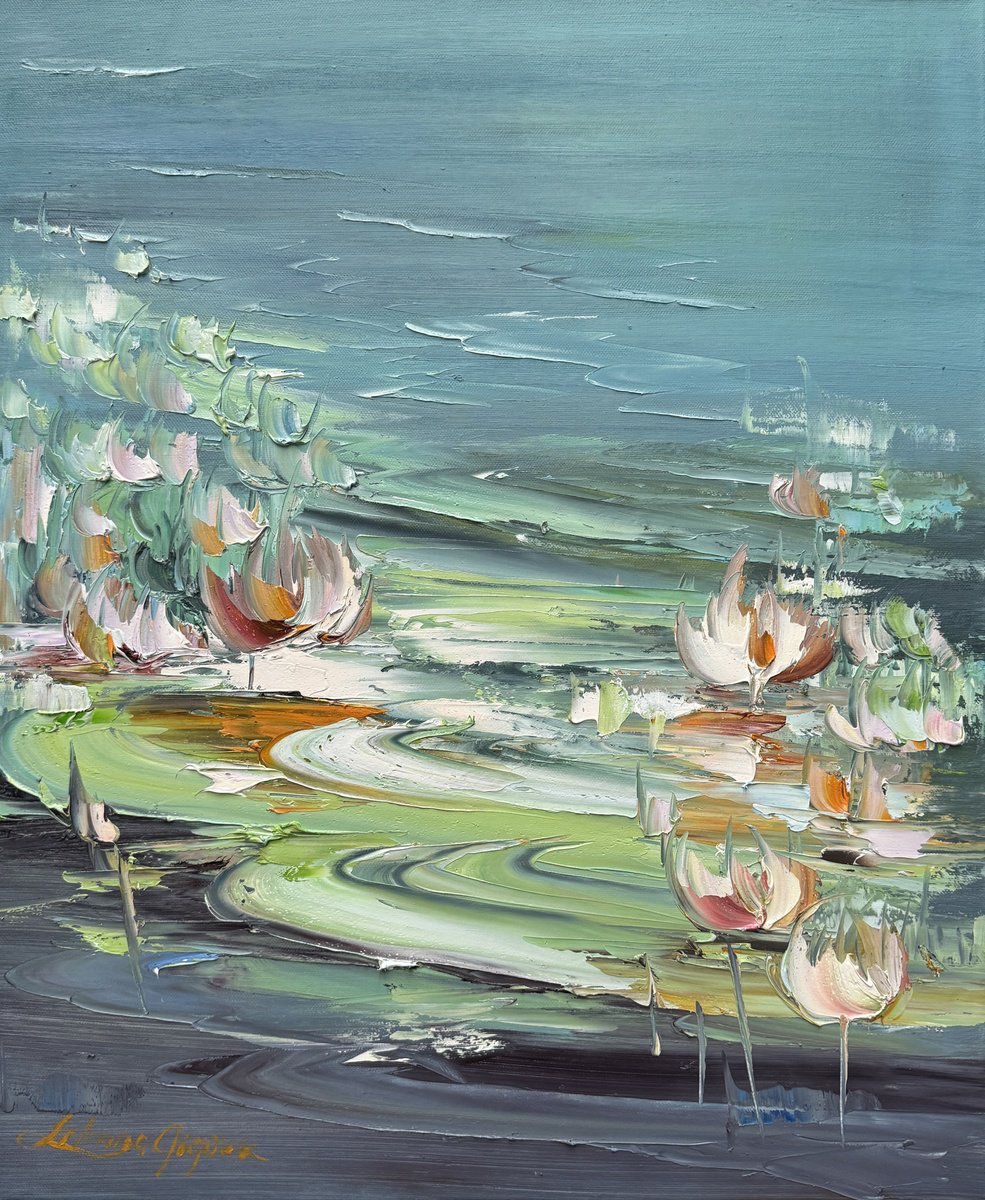 Impressionistic Botanical Oil Painting By Liliana Gigovic, 20 X 24", Water Lilies No 182, Original Artwork