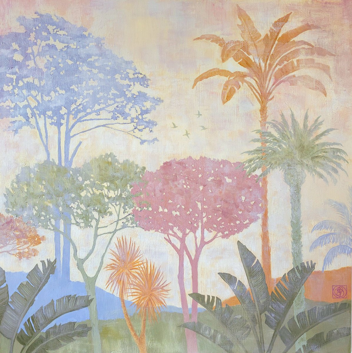 Botanical Oil Painting By Katia Bellini, 31 X 31", Garden Silhouettes Ii, Original Artwork