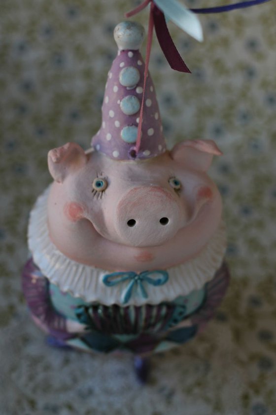 Happy Piglet Playing Accordion . Wall sculpture, bell doll by Elya Yalonetski