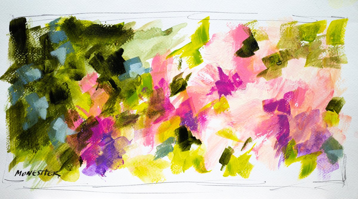 Abstract Botanical Acrylic Painting By Fabienne Monestier, 14 X 8, Floral Sketch 1, Original Artwork