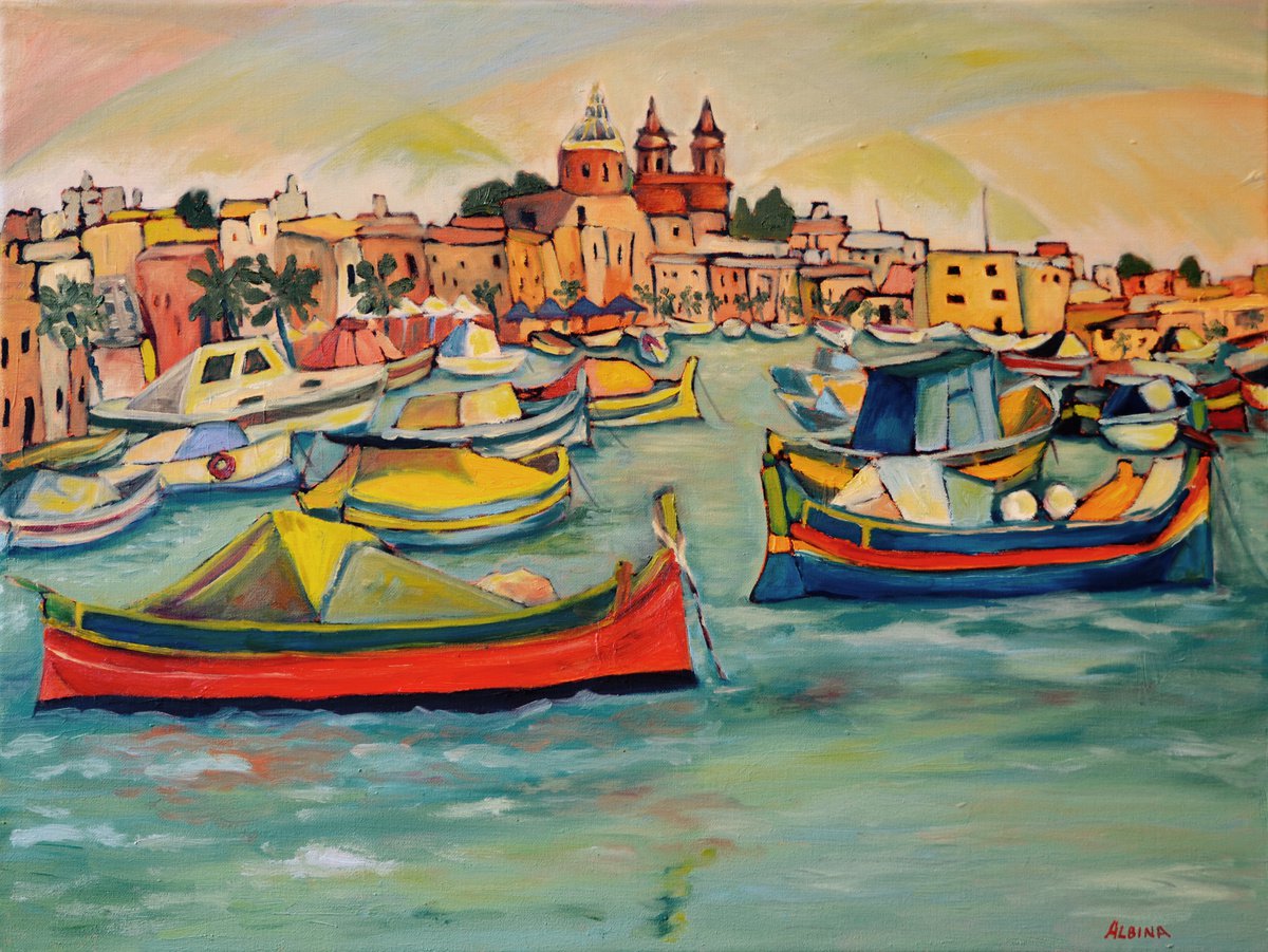 Naive Landscape Oil Painting By Albina Urbanek, 24 X 18, Marsaxlokk (Malta), Original Artwork