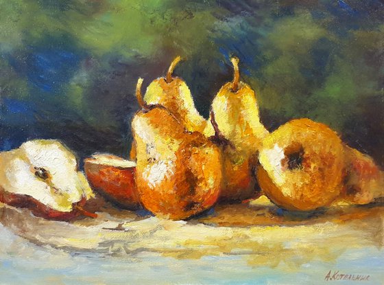 "Juicy pears"  pears still life liGHt original painting PALETTE KNIFE  GIFT (2016)