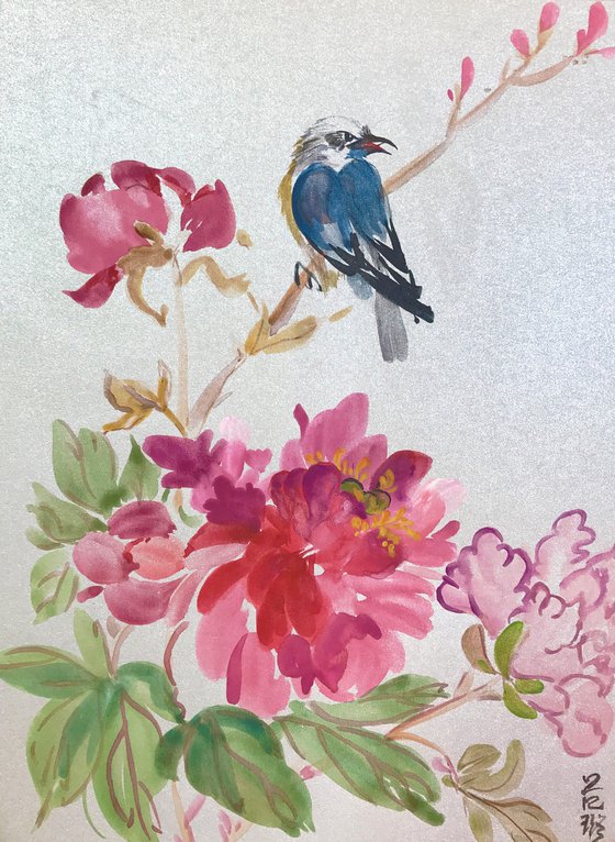 Peonies and sparrow