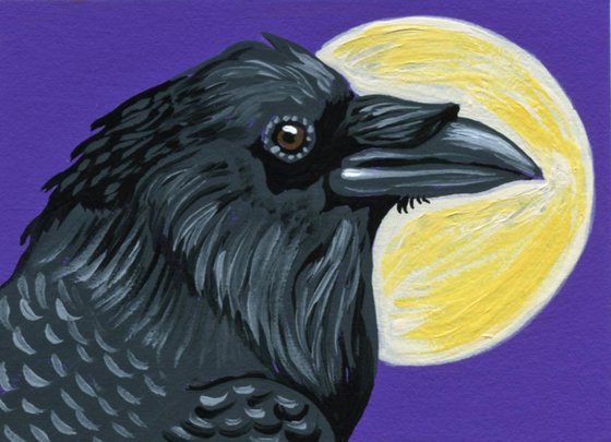 ACEO ATC Original Miniature Painting Crow Raven Bird Wildlife Art-Carla Smale