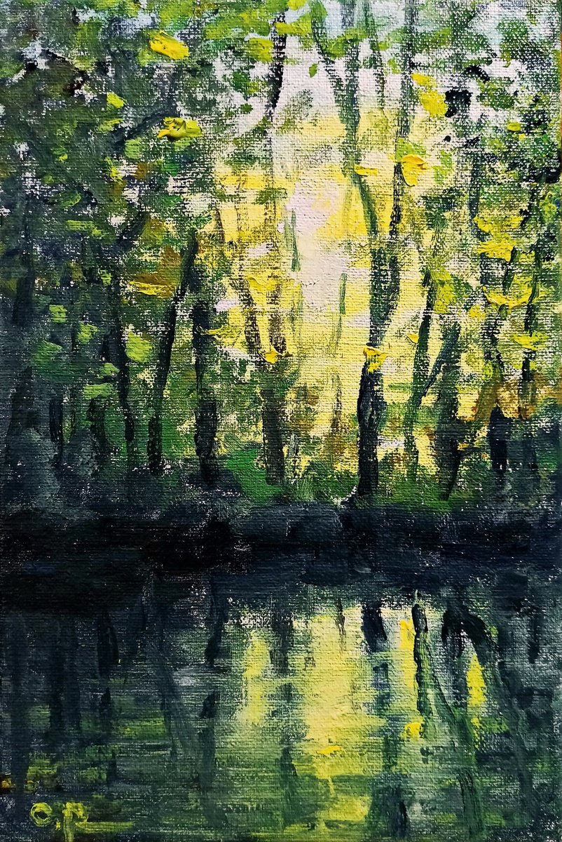 Impressionistic Landscape Oil Painting By Oleh Rak, 8 X 12", Impression. Forest Pond, Original Artwork