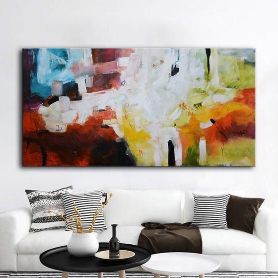 Talking in the Air - Original blue, orange and white long abstract painting