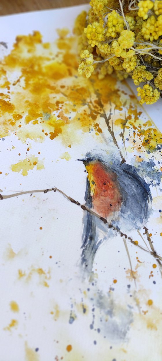 Robin bird original watercolour painting, wall art birds, spirited animal bird, nursery wall art, kitchen wall art, yellow flower with bird