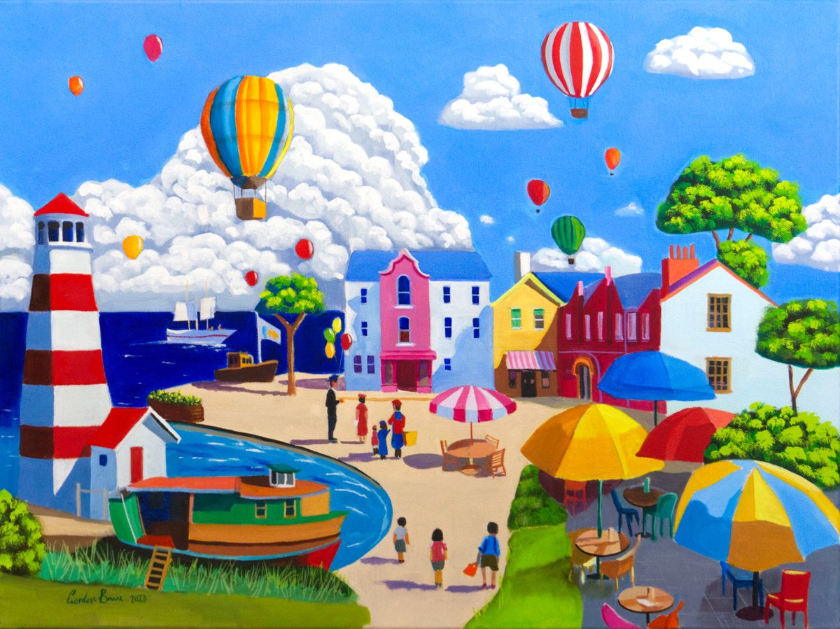 Naive Landscape Oil Painting By Gordon Bruce, 24 X 18, The Balloon Seller, Original Artwork