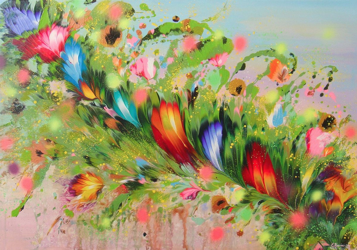 Abstract Botanical Acrylic Painting By Irini Karpikioti, 39 X 28, Morning Beauty, Original Artwork