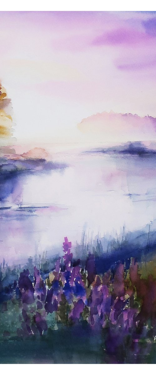 Watercolor painting Landscape Fog River by Anna Shchapova