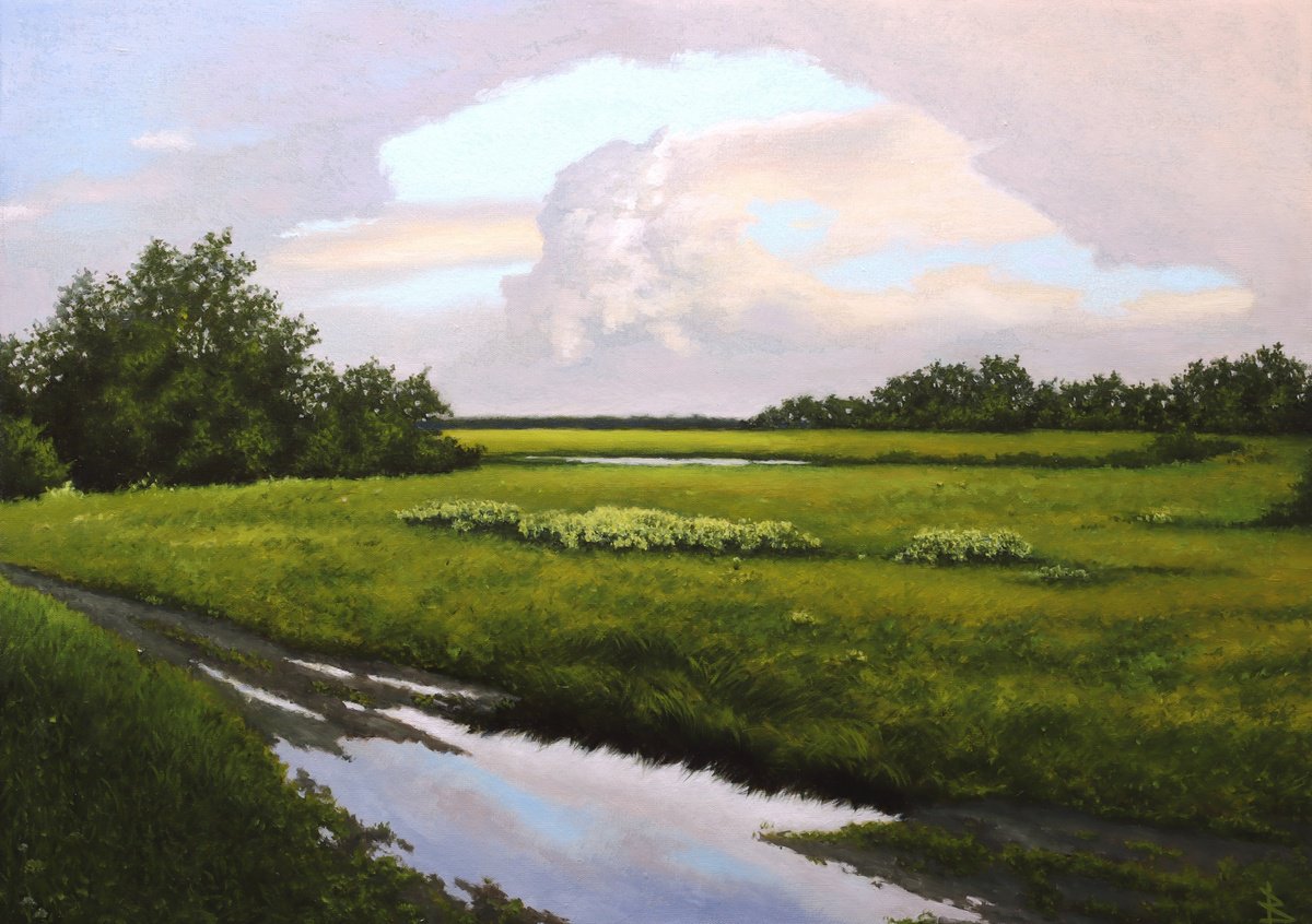 Impressionistic Landscape Oil Painting By Oleg Baulin, 28 X 20", Puddles And Clouds, Original Artwork