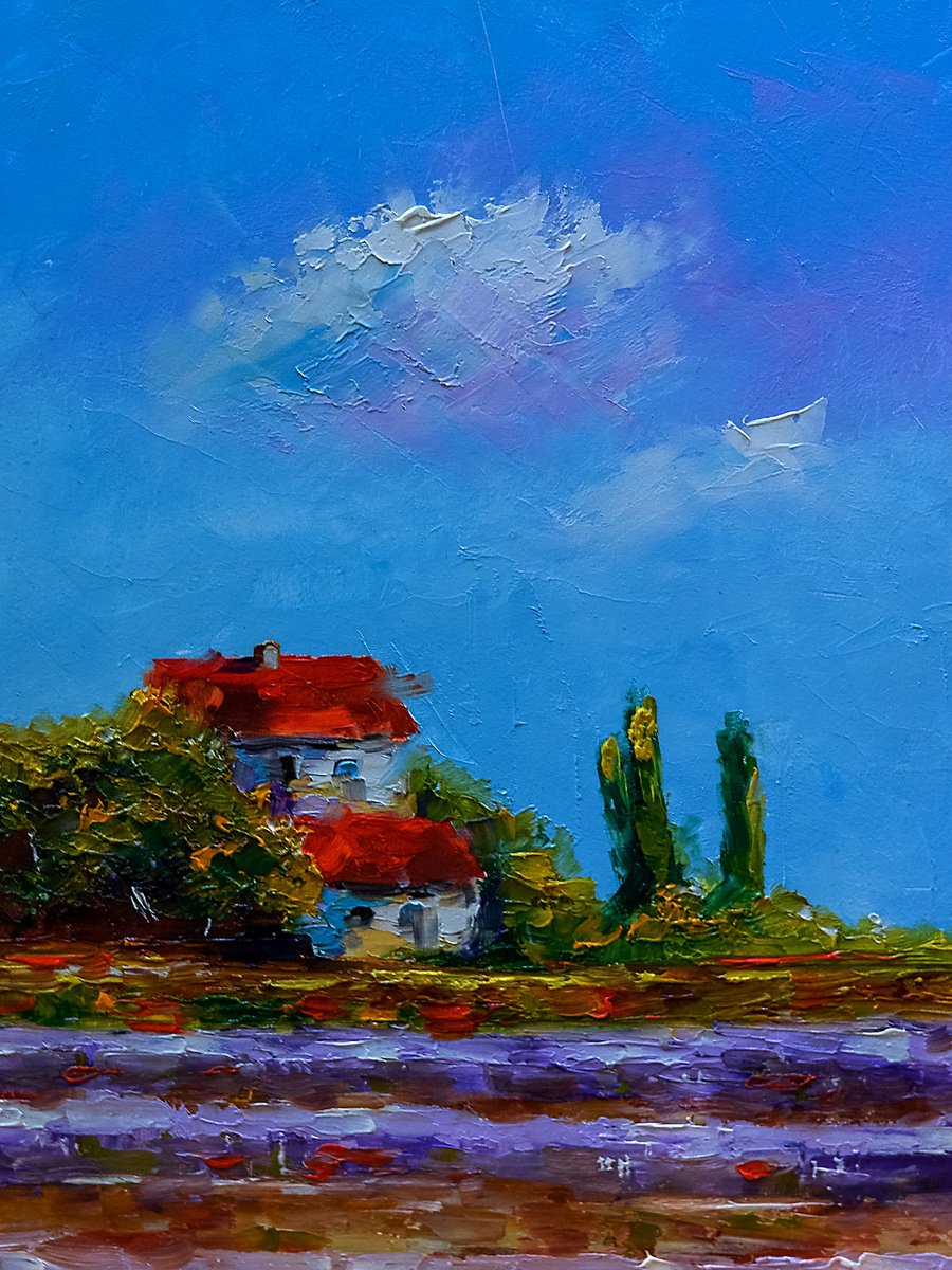 Landscape with house and lavander field. Small palette knife artwork