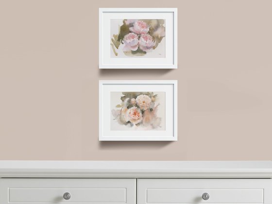 Peonies and roses, Set of 2 paintings