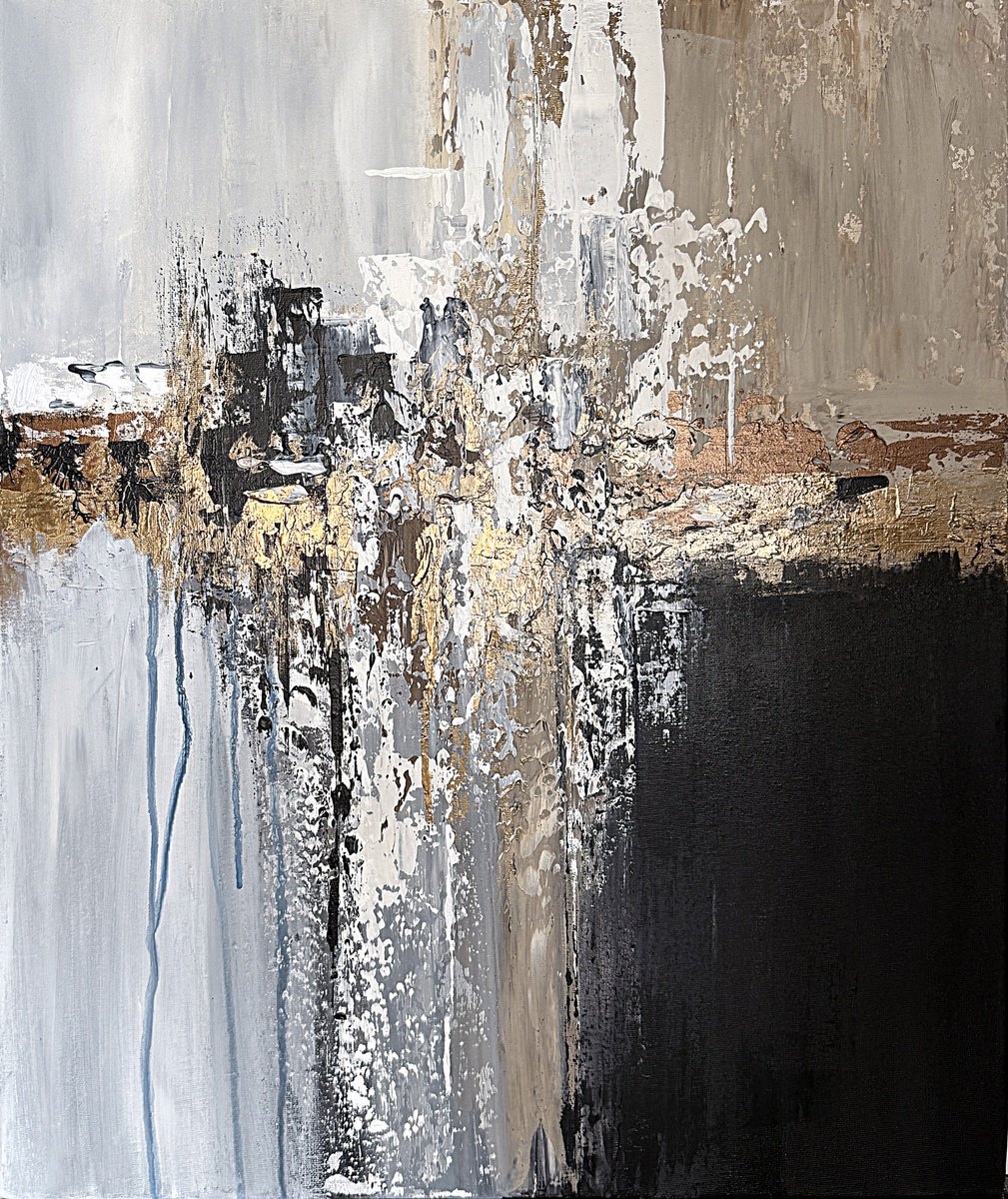 Expressive Abstract Acrylic Painting By Tatiana Malinovscaia, 20 X 24", Golden Contrast, Original Artwork