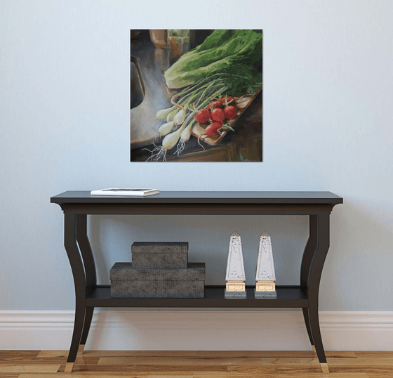 Still life with vegetables and greens