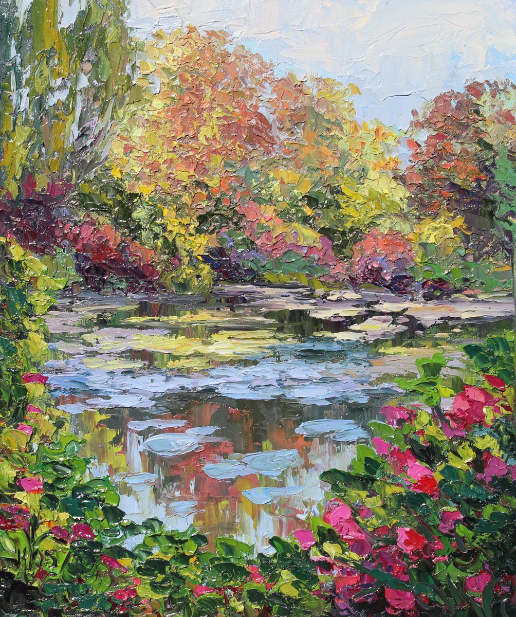 Impressionistic Landscape Oil Painting By Kristen Olson Stone, 10 X 12", The Garden Pond, Original Artwork
