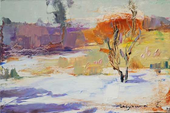 Thaw. Winter landscape. Original oil painting