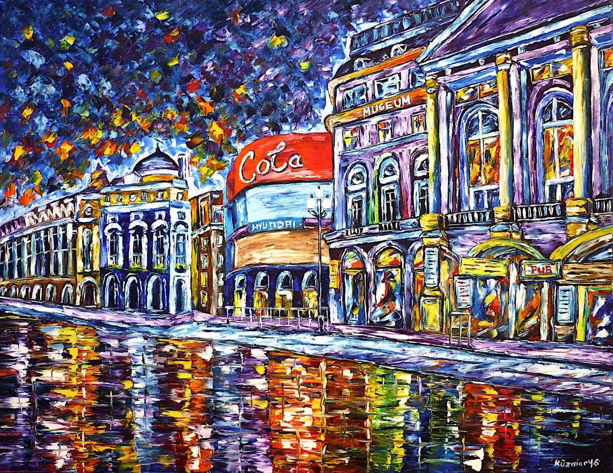 Expressive Cityscapes Oil Painting By Mirek Kuzniar, 35 X 28", London At Night, Original Artwork