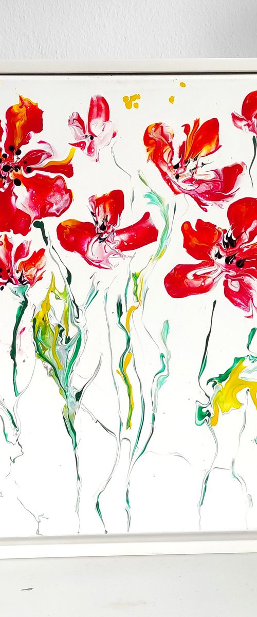 "Spring fantasy .Poppies" Contemporary acrylic pouring  painting on canvas, ready to hang by Elena Kraft