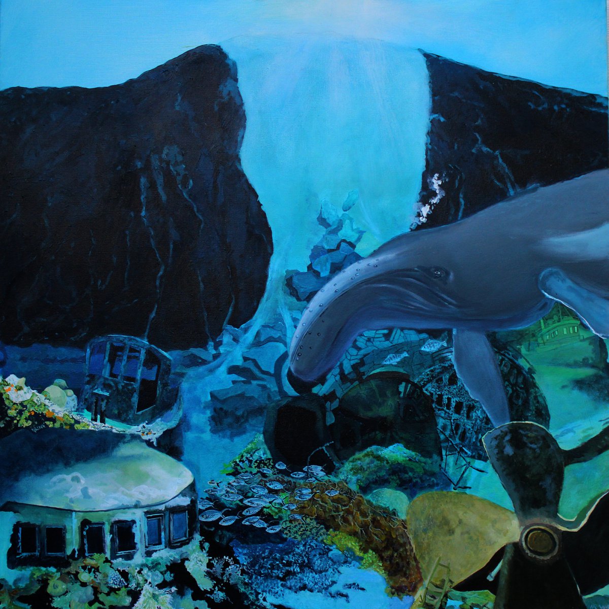 Surrealistic Landscape Oil Painting By Ken Vrana, 36 X 36", Montauk Light Crashes Into The Sea Due To Climate Change, Artfinder