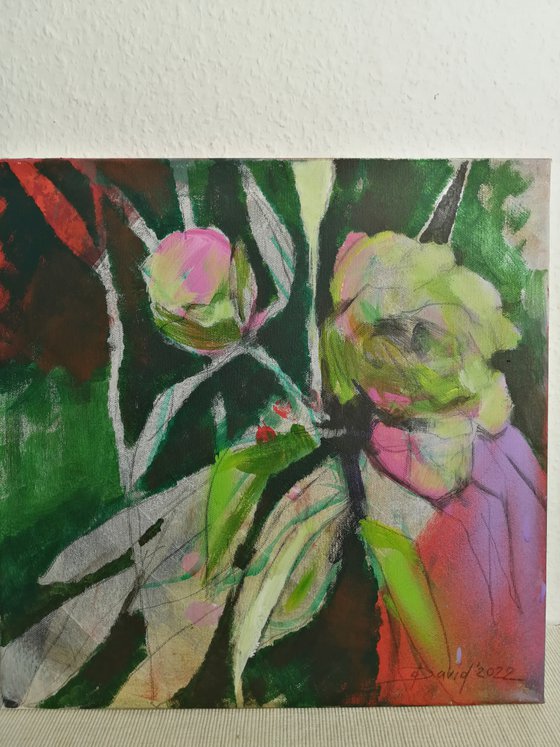 Green-pink peonies modern mixed media painting