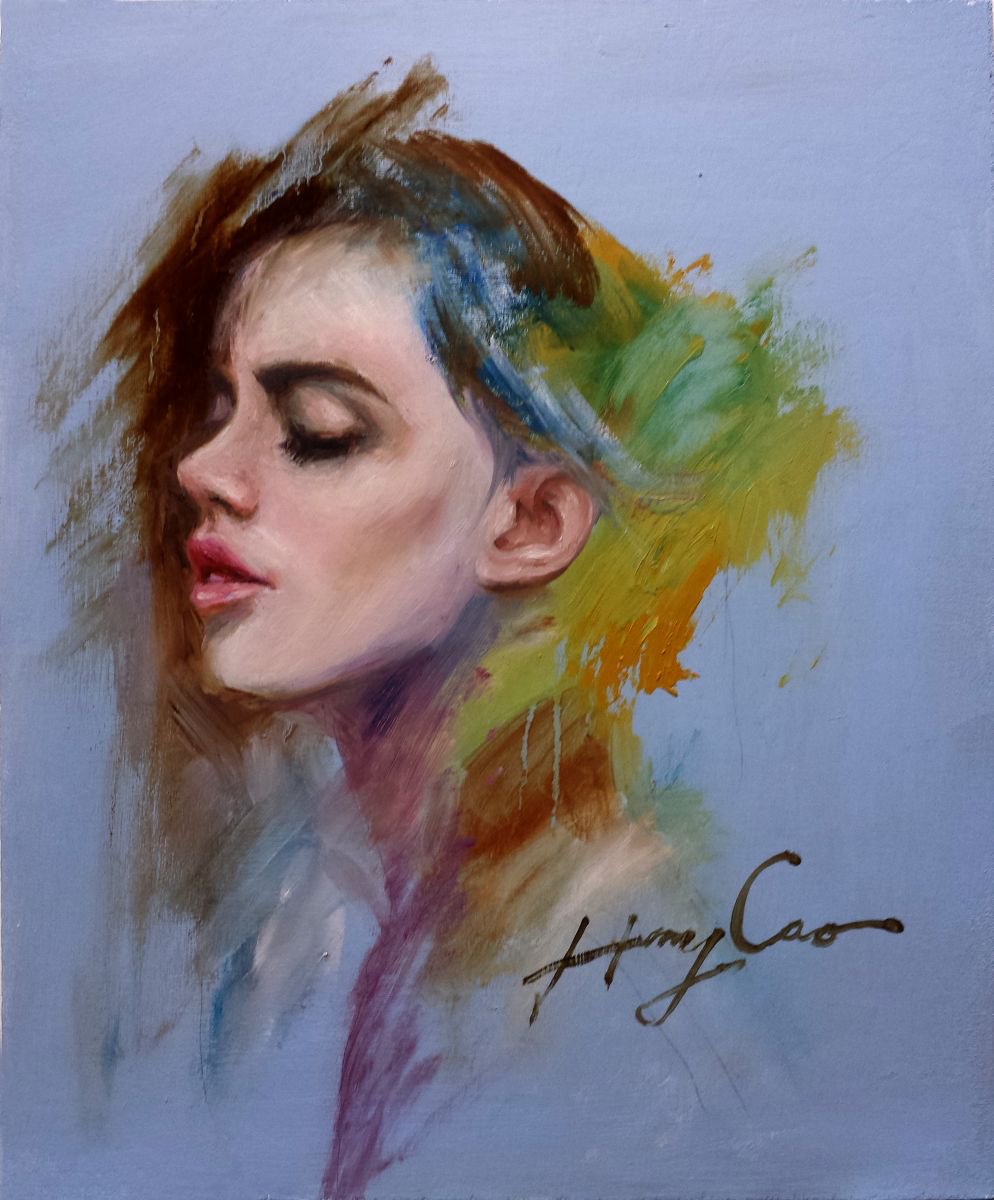 Expressive Portrait Oil Painting By Henry Cao, 10 X 12, Lady In A Colorful World, Original Artwork
