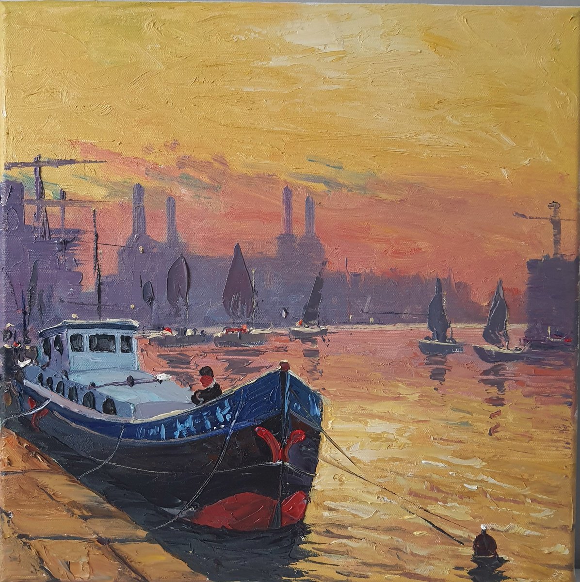 Impressionistic Cityscapes Oil Painting By Roberto Ponte, 14 X 14", London Battersea At Sunset, Original Artwork