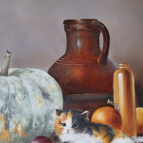 Pumpkin and Kitten Still Life