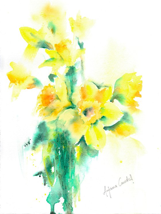 Daffodil painting, original watercolour, watercolor, spring flower, floral art