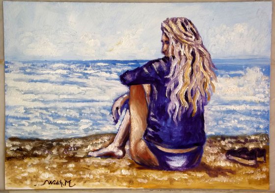 SEASIDE GIRL - Sitting at the seaside - Thick oil painting - 42x29.5cm
