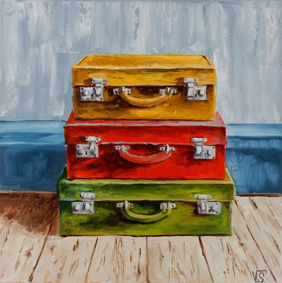 Old suitcases. Still life, 25x25cm