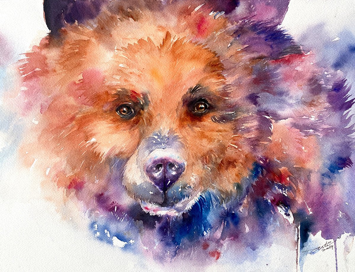 Impressionistic Animal Watercolour By Arti Chauhan, 16 X 12, Bear Borden, Original Artwork