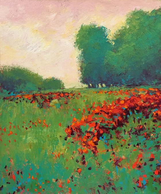 Red Flower Field impressionist landscape painting