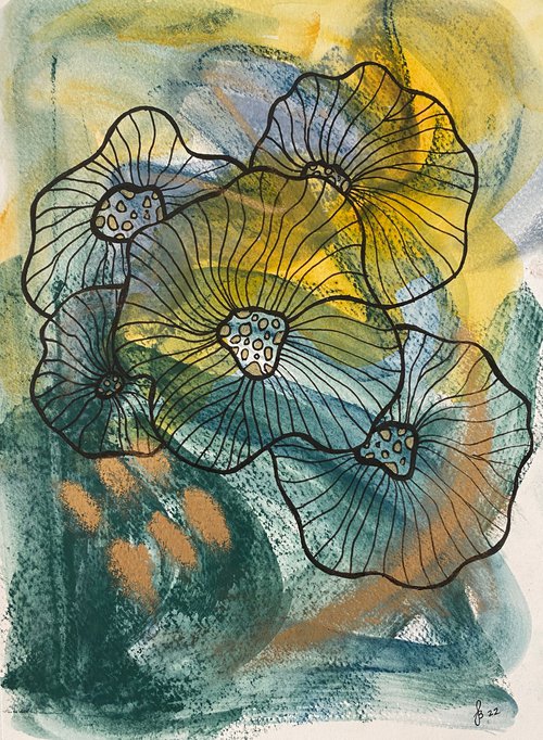 Abstract Coral Flowers Yellow Green by Sandy Broenimann