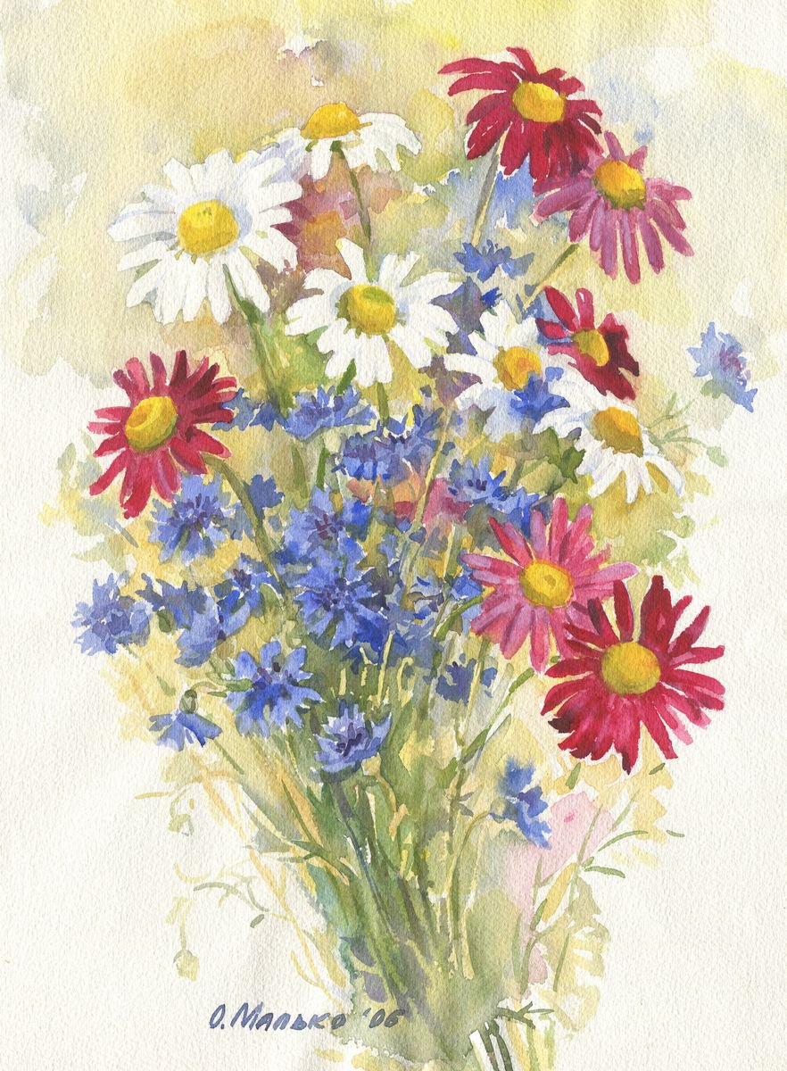 Blue, white, pink. Daisies & cornflowers / Bright summer bouquet Floral watercolor by Olha Malko