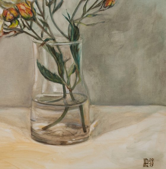 Garden Roses In A Glass Vase
