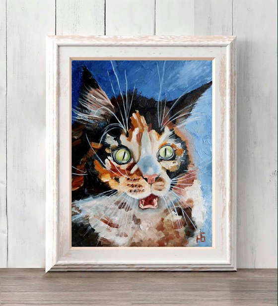 Surprised Cat Oil Painting Funny Cat Artwork Tabby Cat Portrait