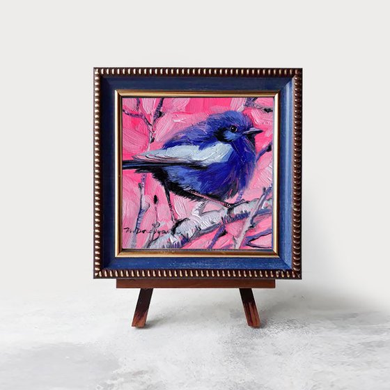 Blue bird picture frame White-winged Fairy-wren bird oil painting original 4x4