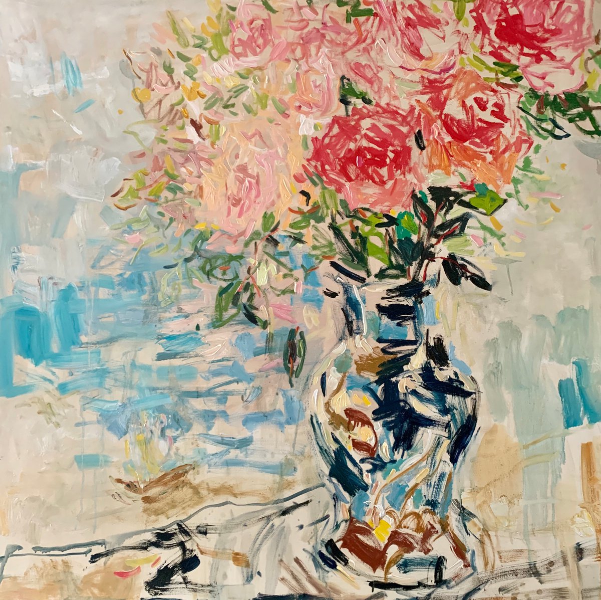 Expressive Oil Painting , Vase Of Roses. By Lilia Orlova-Holmes, 47 X 47, Artwork For Sale On Artfinder