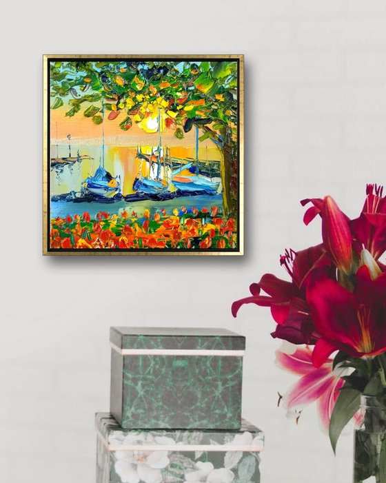 Cozy Sunset on Garda Lake, Italy Landscape, Small Oil Painting