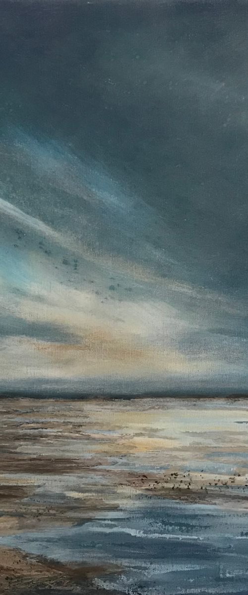 Distant pines, Holkham beach by Amanda Lakin Art