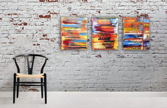 "Make Us" - FREE USA SHIPPING - Original PMS Abstract Triptych Oil Paintings On Canvas - 48" x 20"