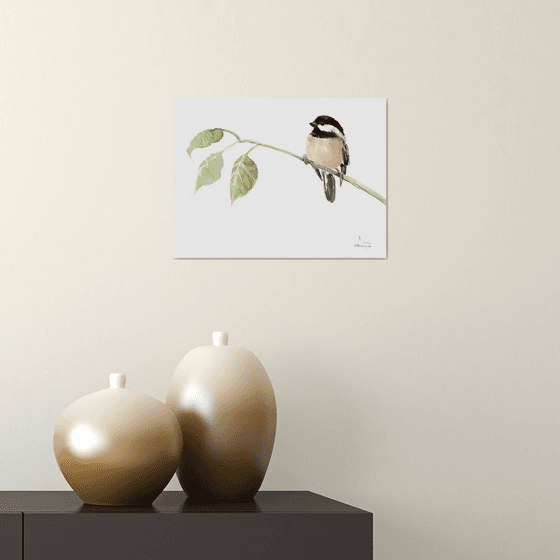 Chickadee and Three Leaves